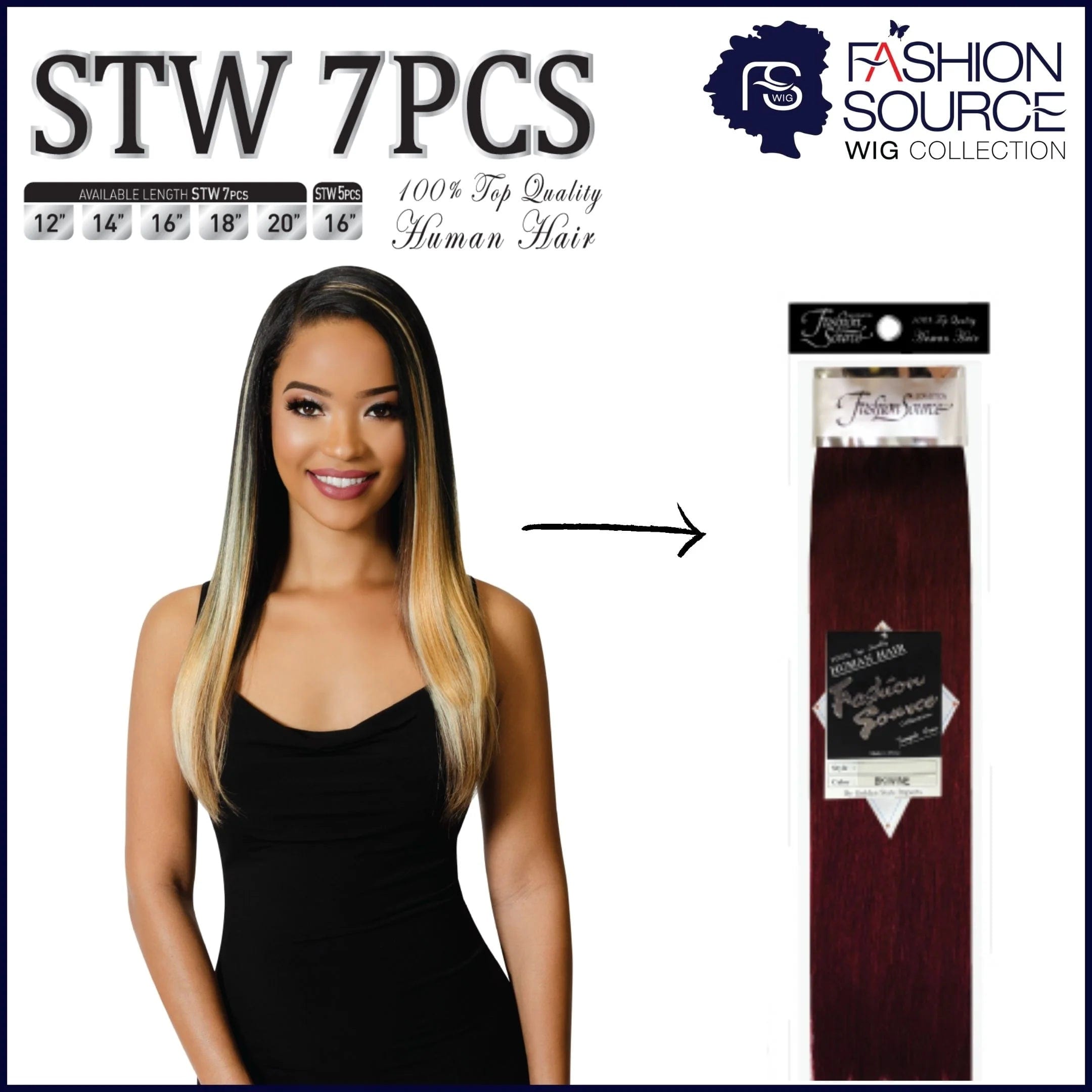 Fashion Source 7Piece 14" Clip-On Human Hair STW